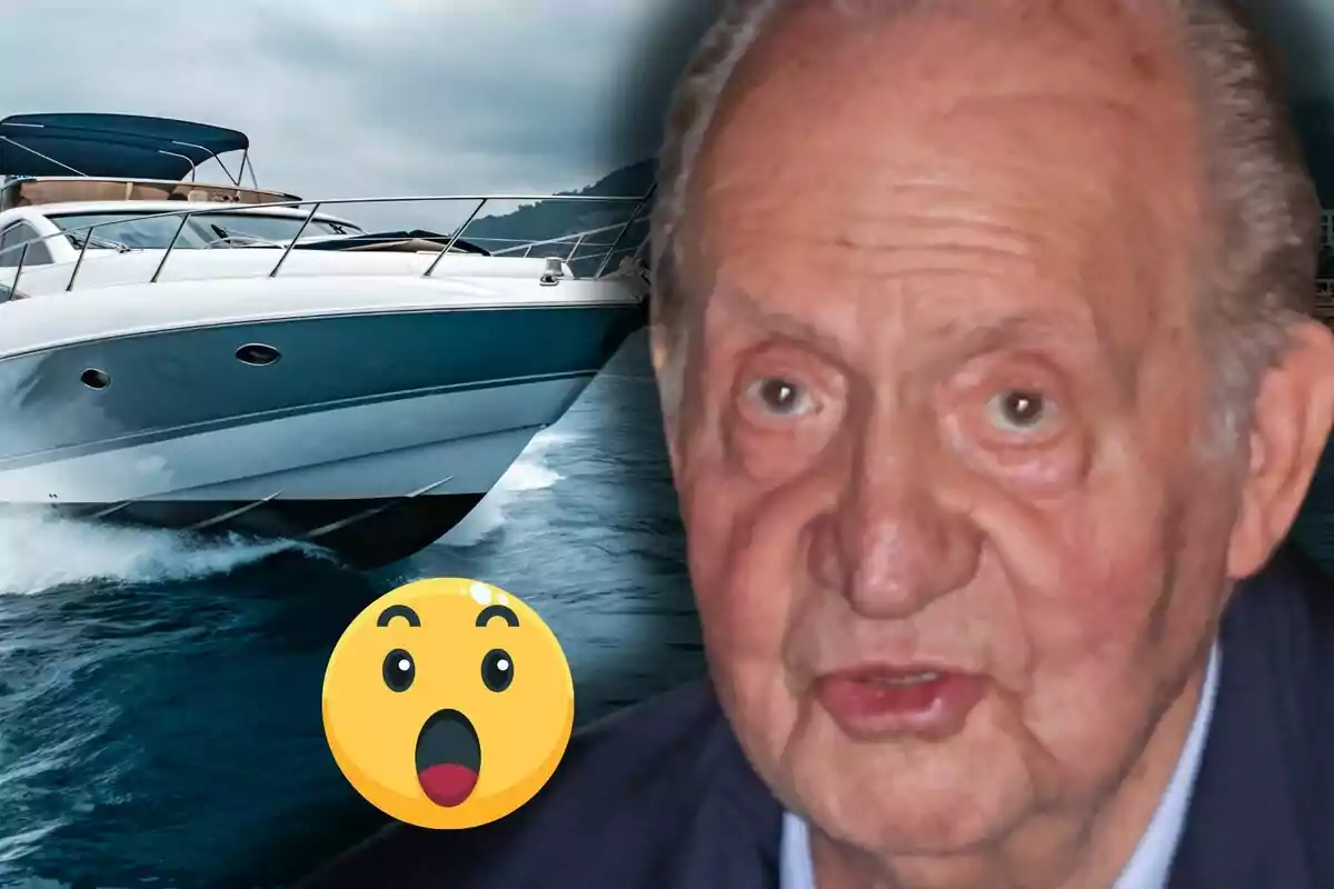 Juan Carlos I in the foreground next to a yacht at sea and a surprised emoji