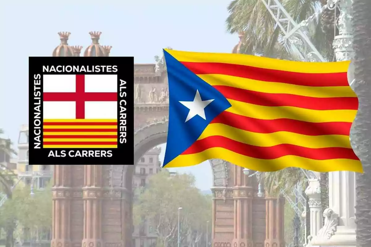 Dos símbols nacionalistes catalans davant l’Arc de Triomf de Barcelona