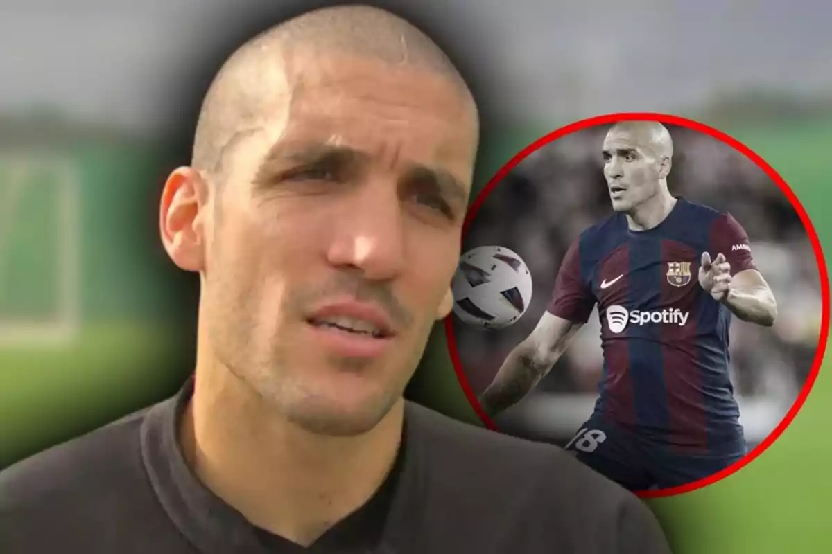 Un home de cabell rapat apareix en primer pla mentre al fons es mostra una imatge circular d’ell jugant a futbol amb l’uniforme del Barcelona.