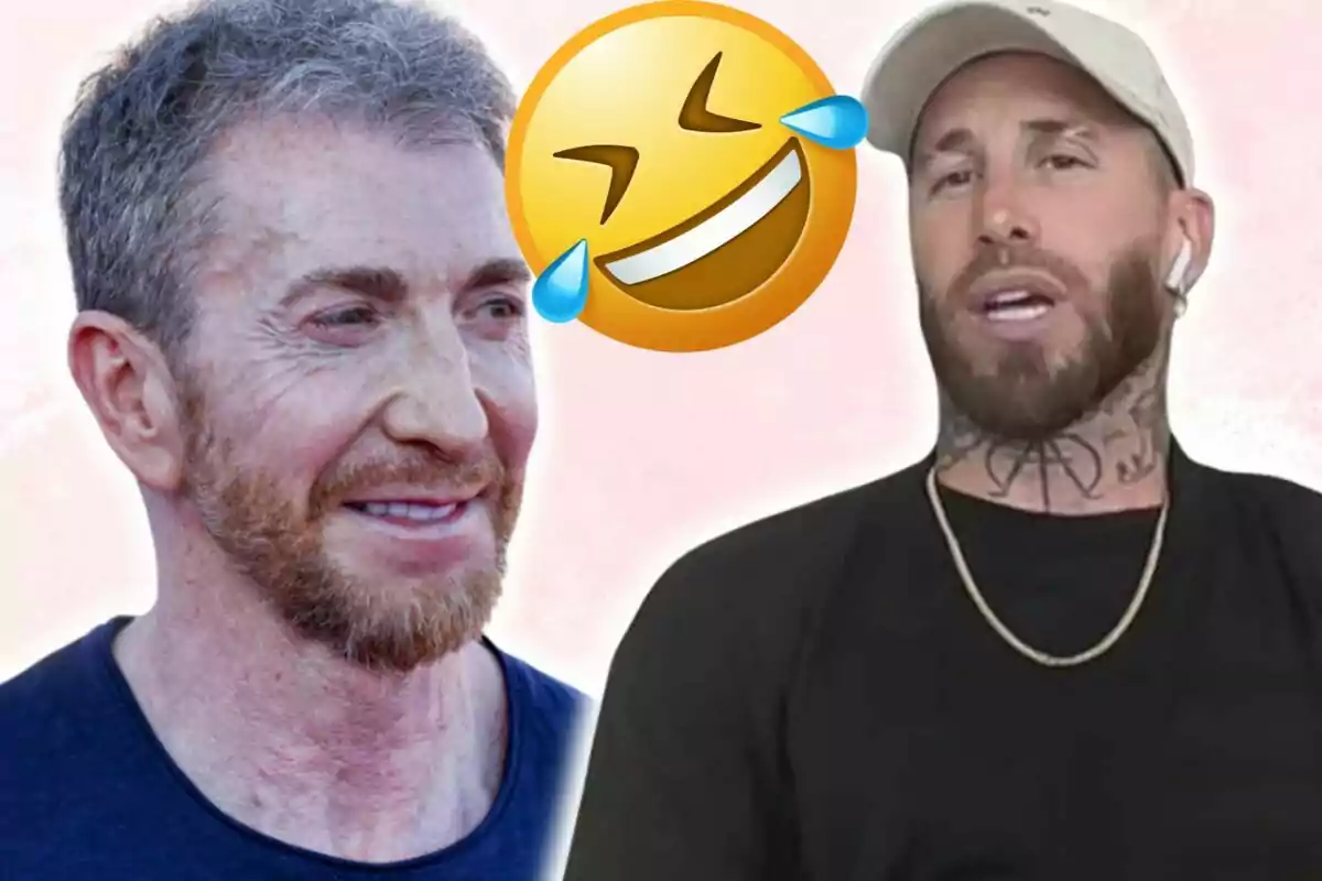 Dos hombres con barba y un emoji de risa con lágrimas entre ellos sobre un fondo claro Dos hombres con barba y un emoji de risa con lágrimas entre ellos sobre un fondo claro