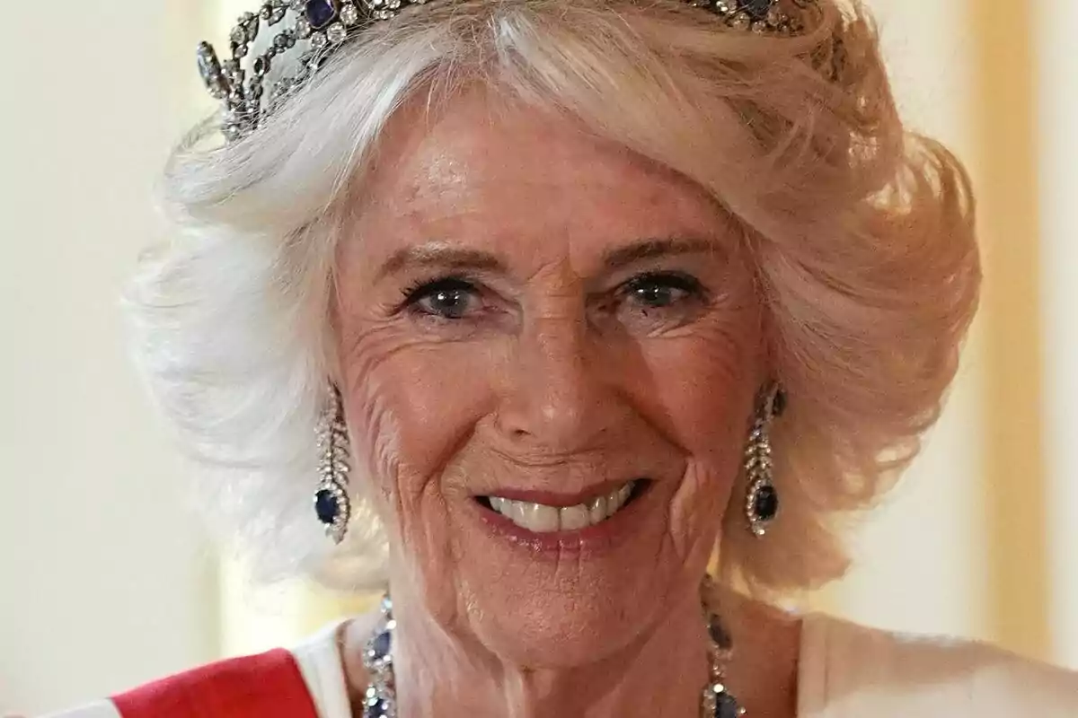 Dona de cabell ros i curt amb corona i joies somriu davant de la càmera Dona de cabell ros i curt amb corona i joies somriu davant de la càmera