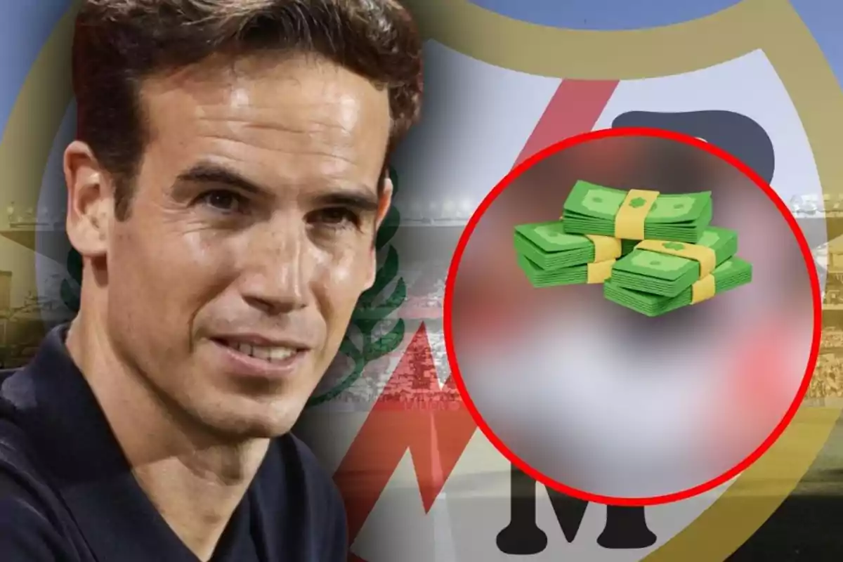 Hombre de cabello corto con fondo de estadio y escudo, junto a un círculo con fajos de billetes dibujados