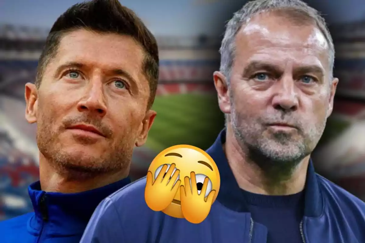 Two men looking in different directions with a facepalm emoji in the center