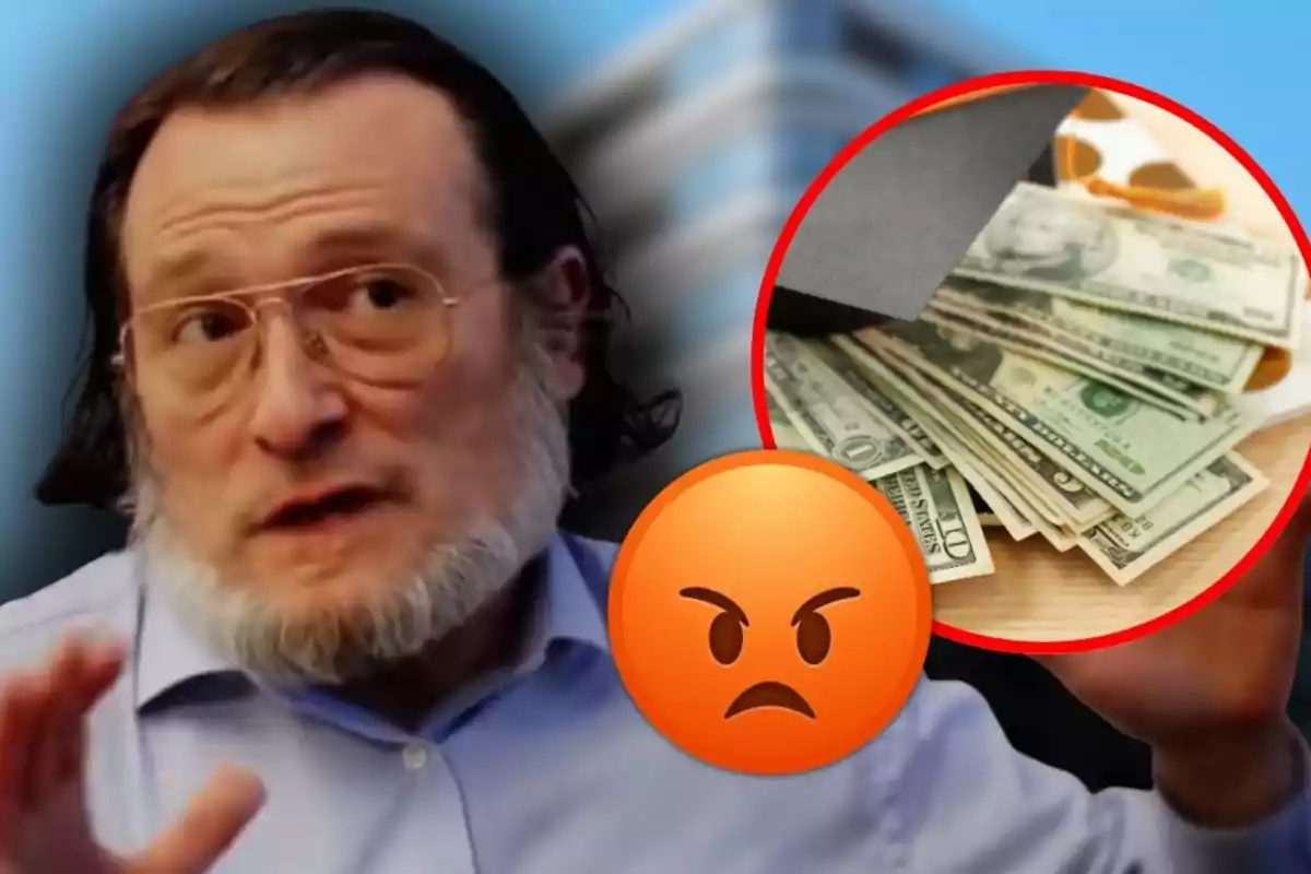 Hombre con gafas y barba gesticulando, junto a un círculo con billetes de dólar y un emoji de enojo