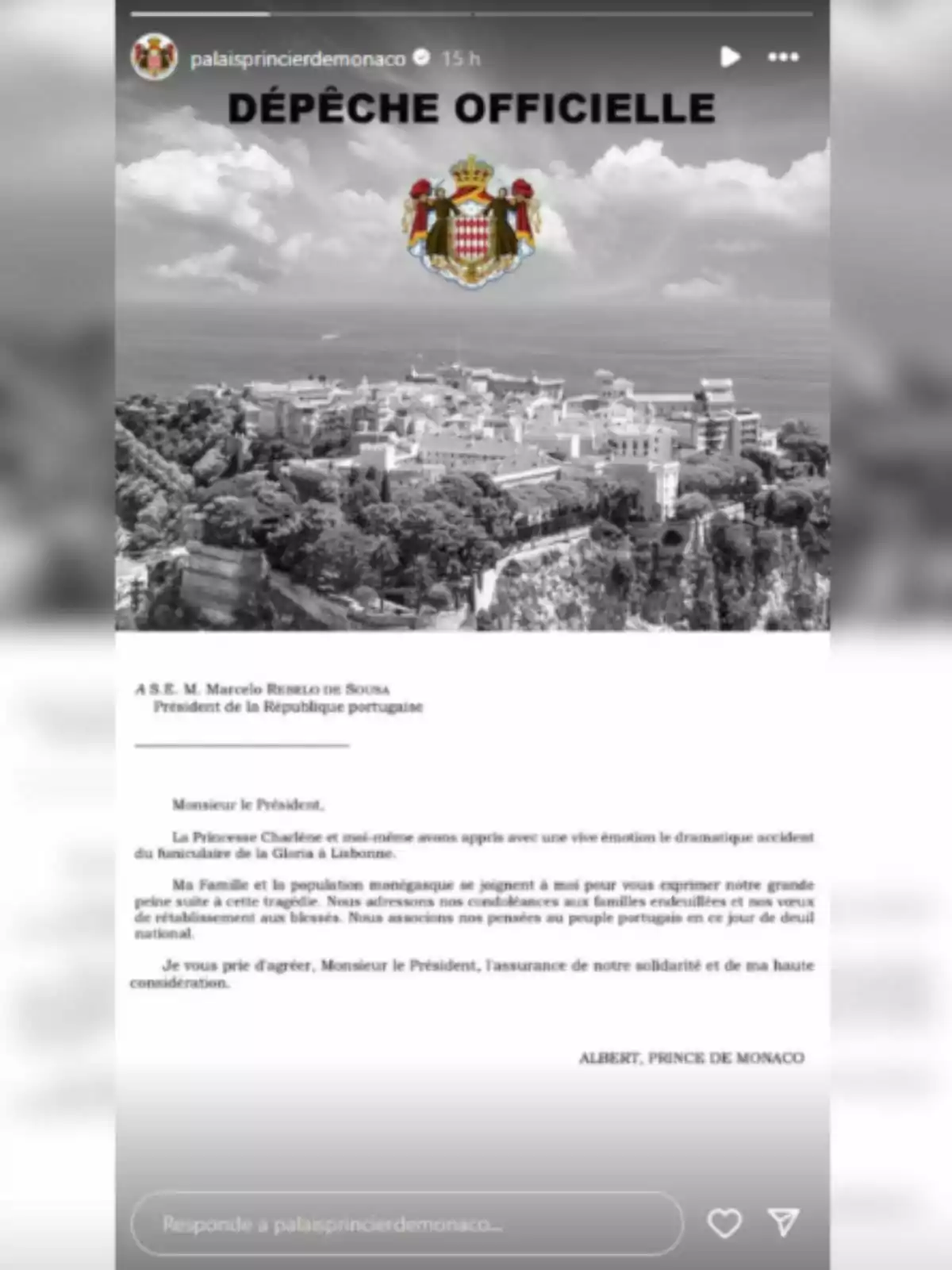 Imatge en blanc i negre d’un comunicat oficial del Principat de Mònaco adreçat al president de Portugal, amb l’escut de Mònaco a la part superior, un títol que diu Imatge en blanc i negre d’un comunicat oficial del Principat de Mònaco adreçat al president de Portugal, amb l’escut de Mònaco a la part superior, un títol que diu