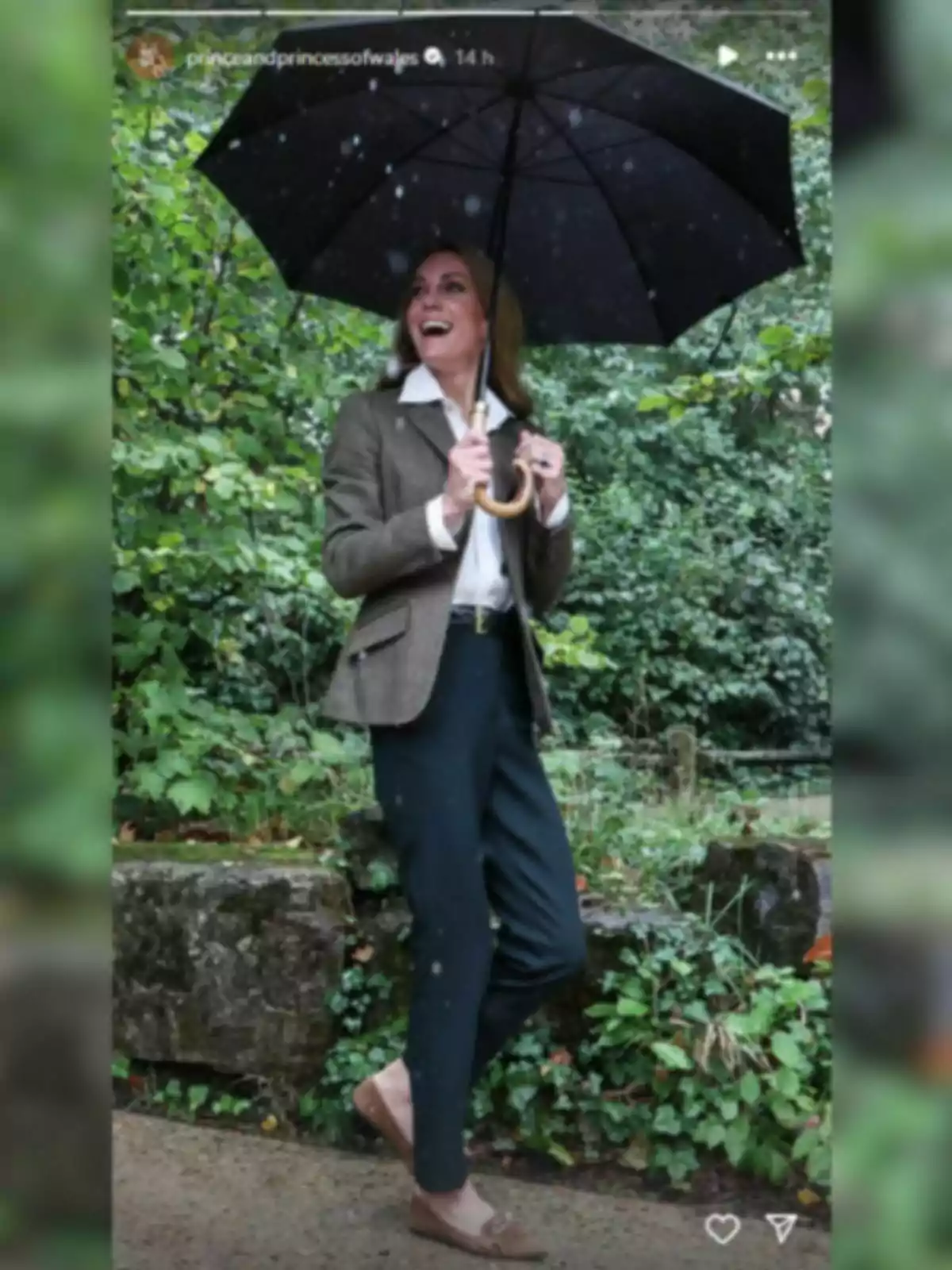 Kate Middleton somrient dempeus sota la pluja sostenint un paraigua negre en un entorn natural amb vegetació de fons Kate Middleton somrient dempeus sota la pluja sostenint un paraigua negre en un entorn natural amb vegetació de fons
