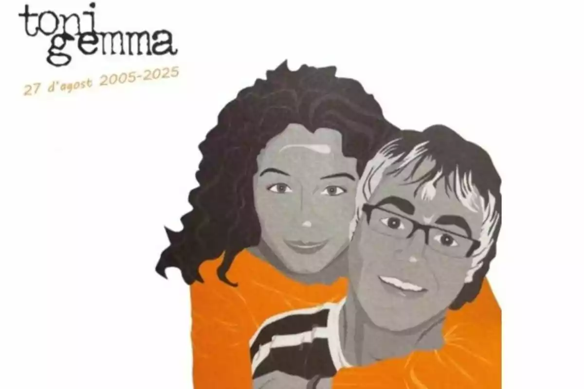 Ilustración de una pareja abrazándose con ropa naranja y fondo blanco, acompañada de los nombres toni y gemma y la fecha 27 d’agost 2005-2025. Ilustración de una pareja abrazándose con ropa naranja y fondo blanco, acompañada de los nombres toni y gemma y la fecha 27 d’agost 2005-2025.