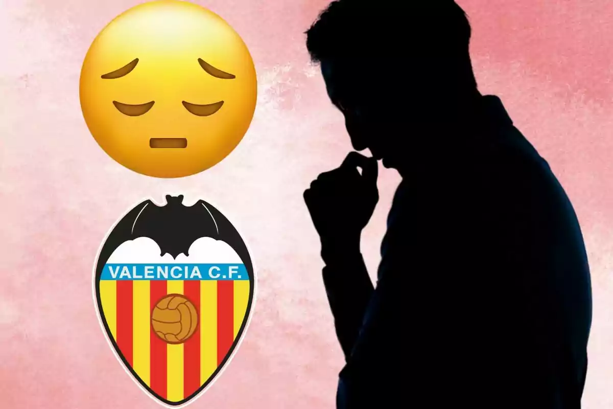 Una persona en silueta sembla preocupada al costat d’un emoji trist i l’escut del València CF sobre un fons rosat.
