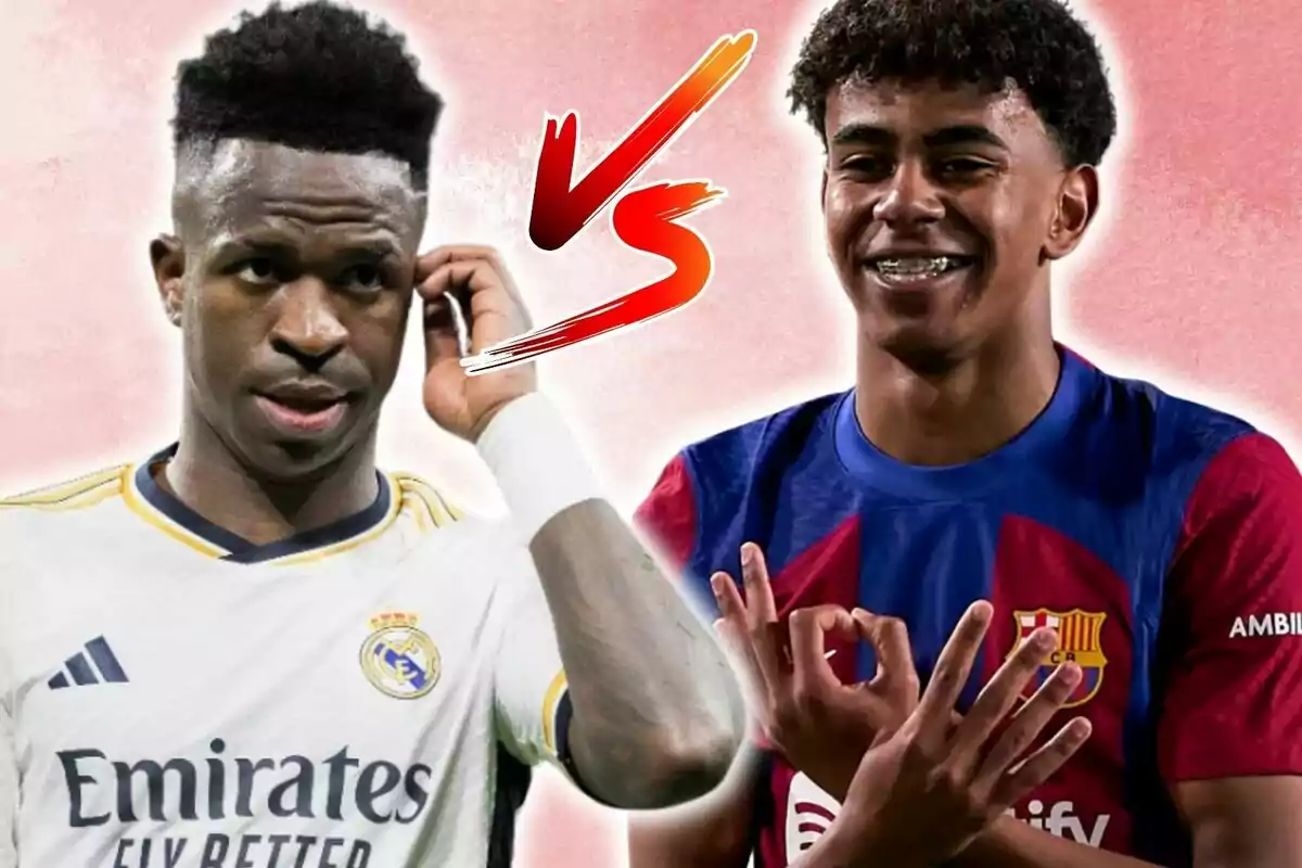 Two players from the teams Real Madrid and Barcelona facing off with a pink background and a versus symbol in the center