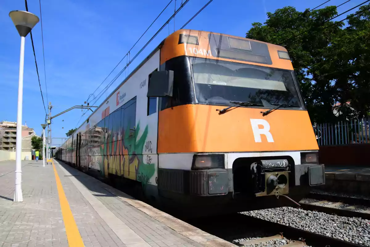 Un tren de rodalies amb grafits als seus vagons està detingut en una estació sota un cel clar.