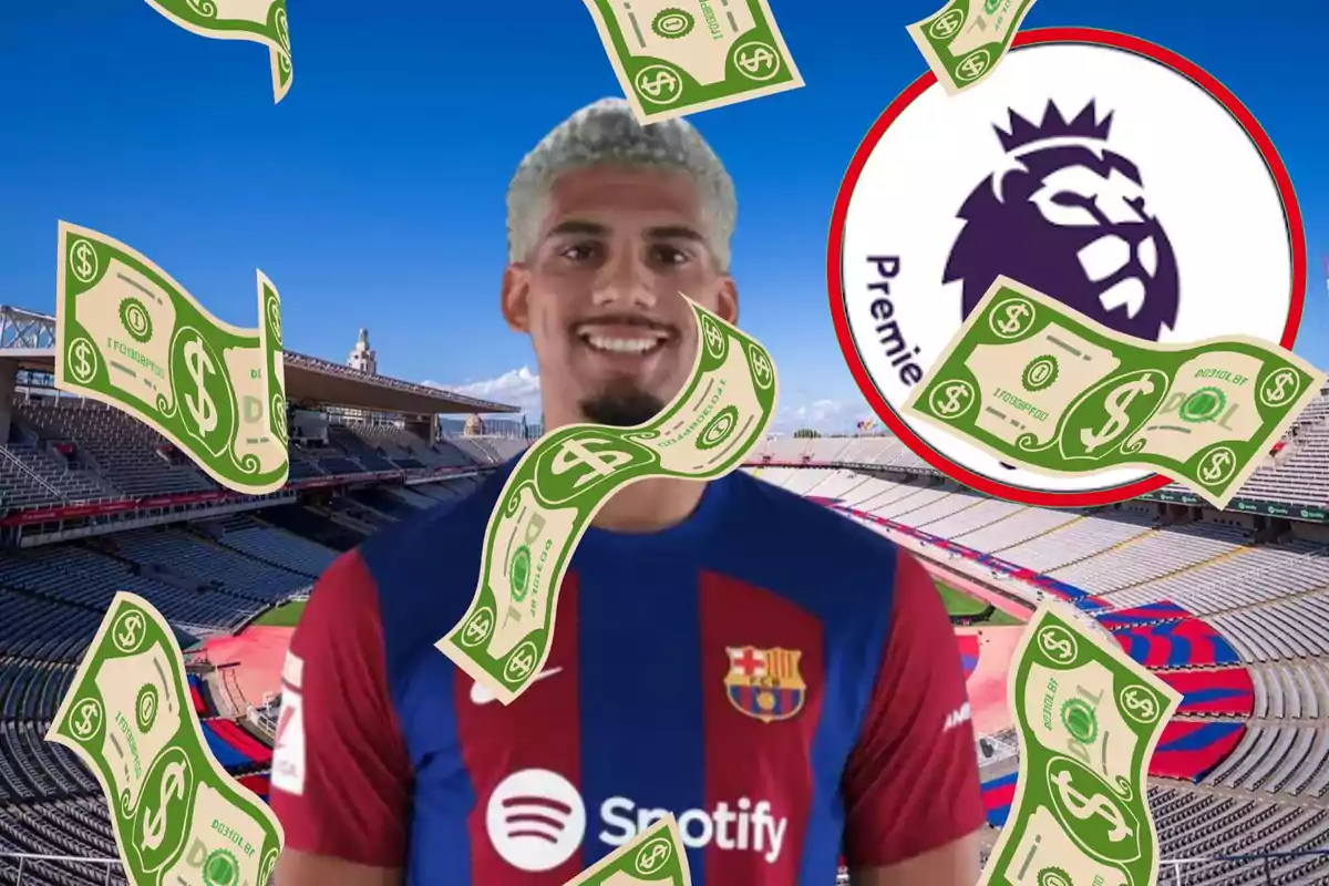 Un jugador de futbol amb la samarreta del FC Barcelona és en un estadi, envoltat de bitllets de dòlar i el logo de la Premier League.
