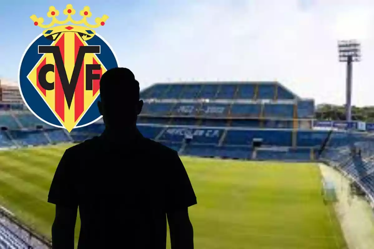 Montage with the José Rico Pérez stadium, with a black shadow to the left of the image and the Villarreal CF shield to the left above