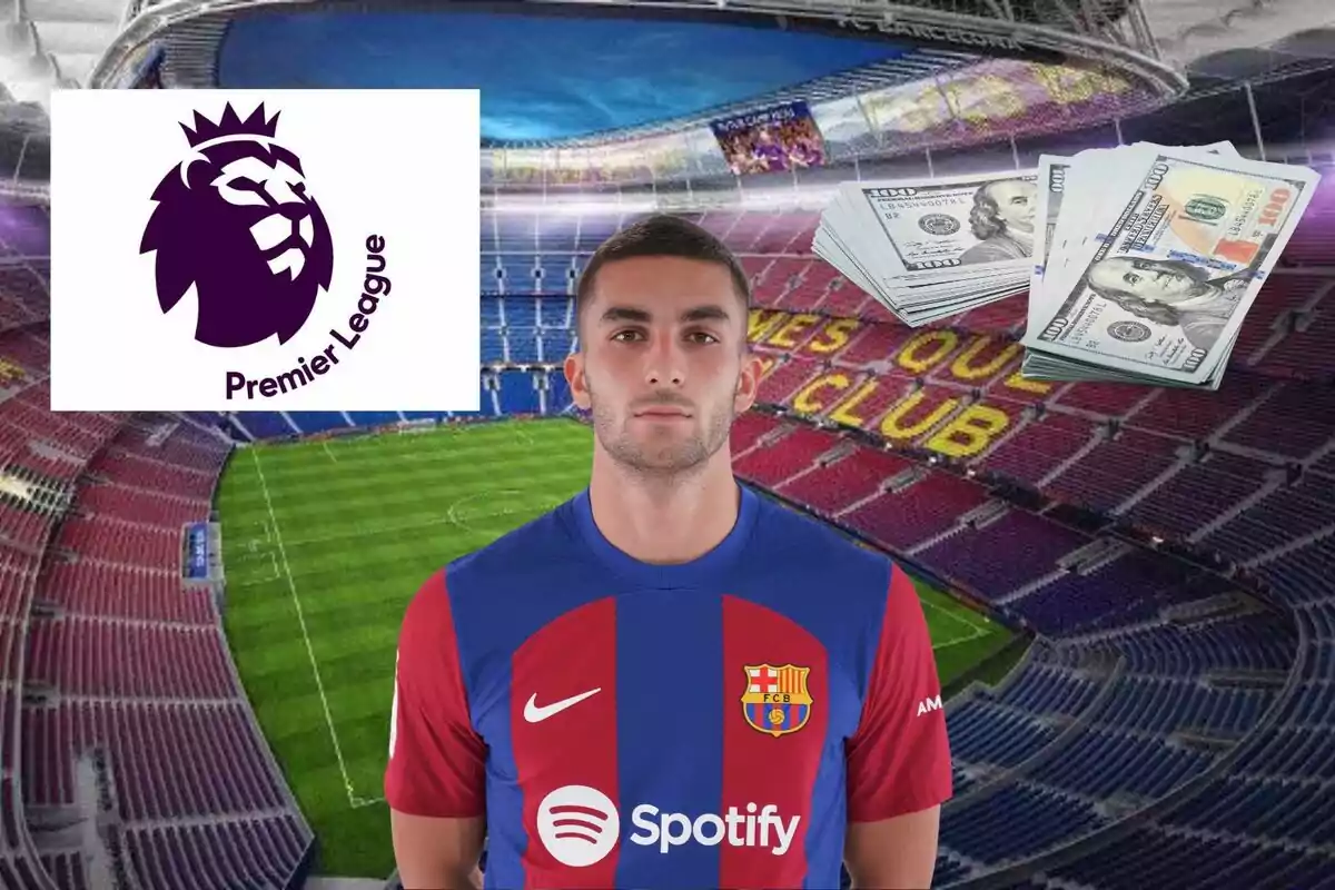 Un jugador del FC Barcelona amb el logotip de la Premier League i un feix de bitllets al fons de l'estadi.