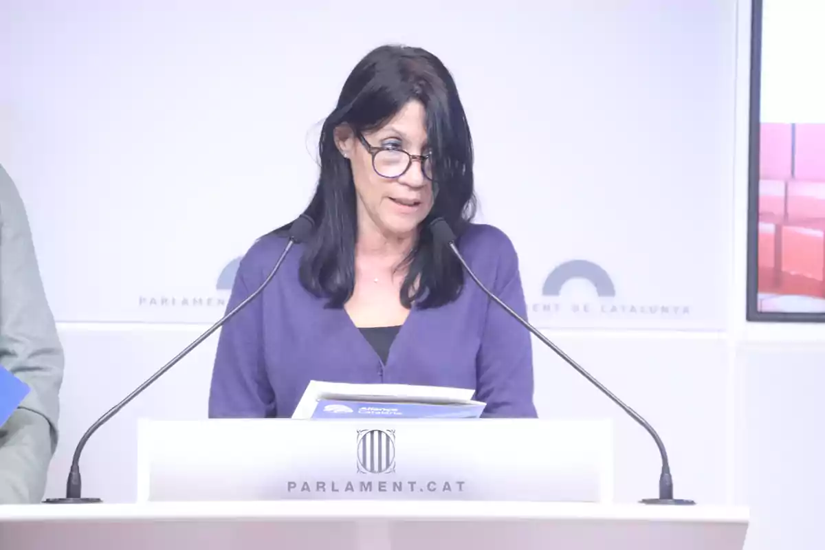 Dona amb ulleres parlant a un podi del Parlament de Catalunya.