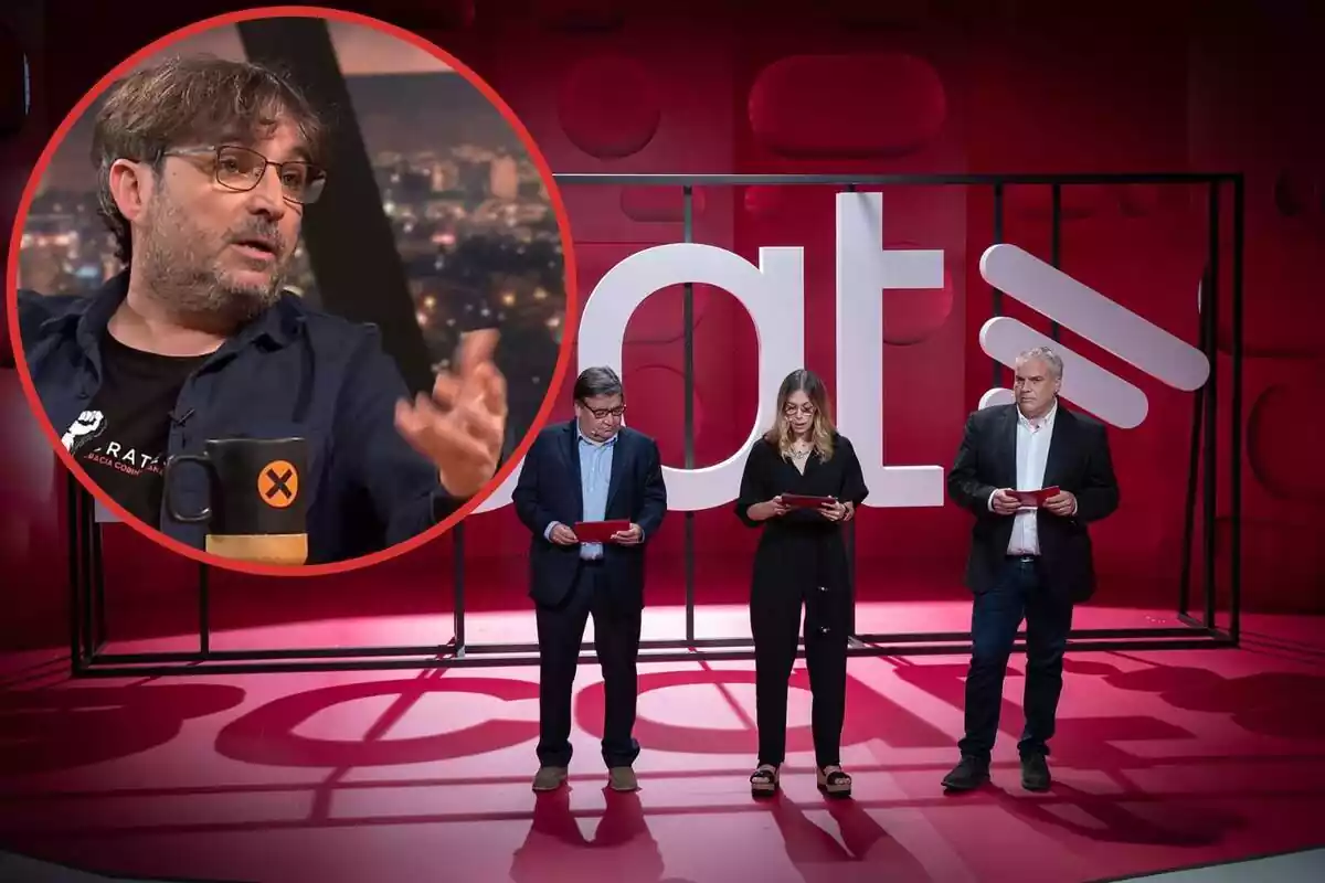 Muntatge amb una imatge de directius de TV3 ia la cantonada superior esquerra, dins d'un cercle, Jordi Évole sent entrevistat