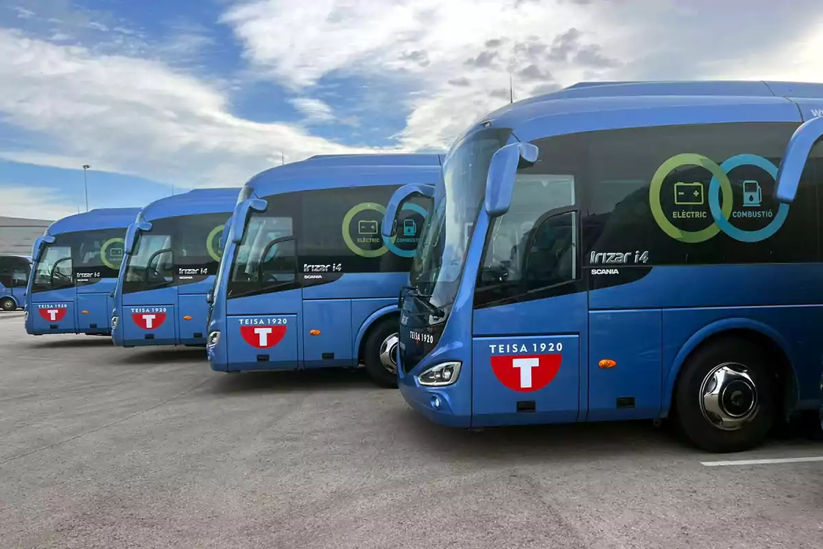 Autobuses azules alineados en un estacionamiento con logotipos de TEISA 1920 y símbolos de eléctrico y combustible en las ventanas.