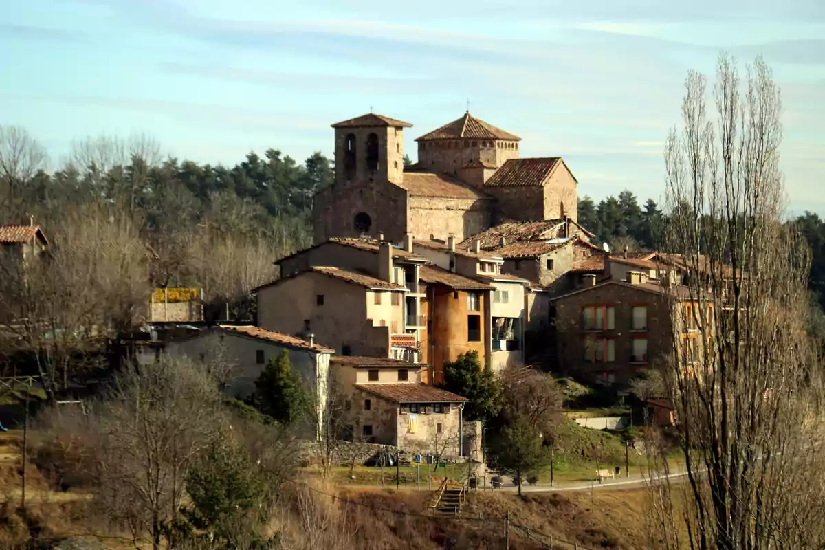 Vista d´un poble amb una església antiga envoltada d´arbres i cases de teulades vermelles. Vista d´un poble amb una església antiga envoltada d´arbres i cases de teulades vermelles.