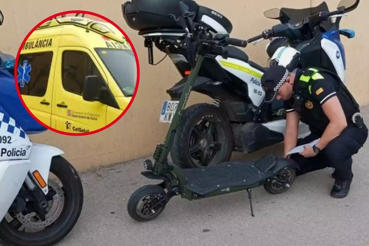 Un policia revisa un patinet elèctric amb dues motocicletes de la policia i una ambulància groga al fons.