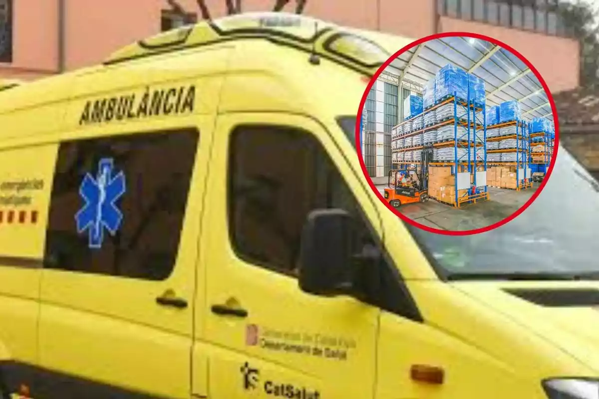 Ambulància groga amb un símbol d'emergència mèdica i un cercle vermell que mostra un magatzem amb prestatgeries plenes de caixes i un muntacàrregues.