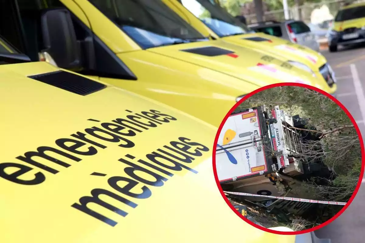 Muntatge amb una imatge d'una ambulància ia la cantonada inferior dreta, dins d'un cercle, detall d'un dels camions involucrats a l'accident de què parla la notícia