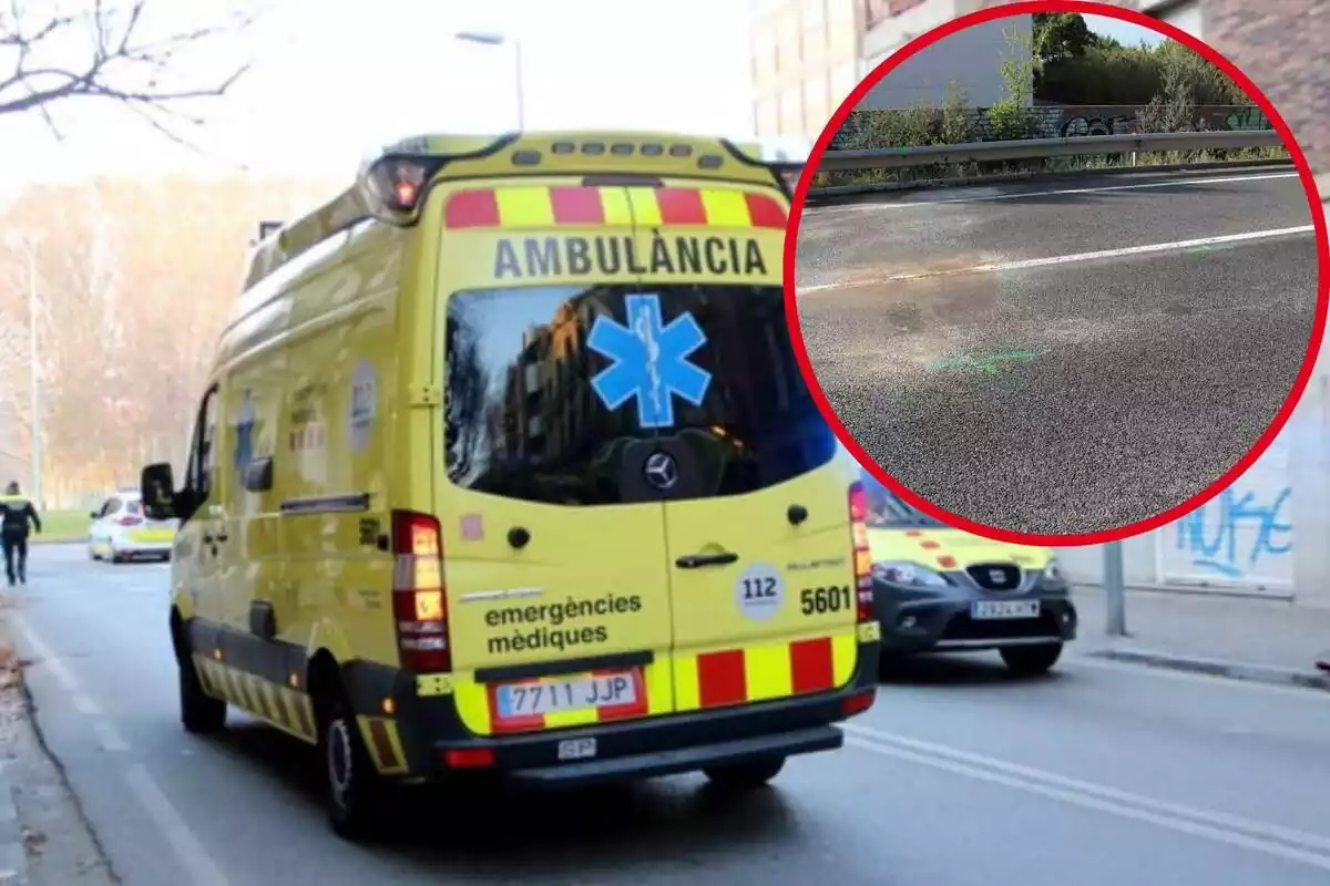 Muntatge amb una imatge d'una ambulància a primer terme ia la cantonada superior dreta, imatge amb detall del lloc de l'accident referenciat a la notícia