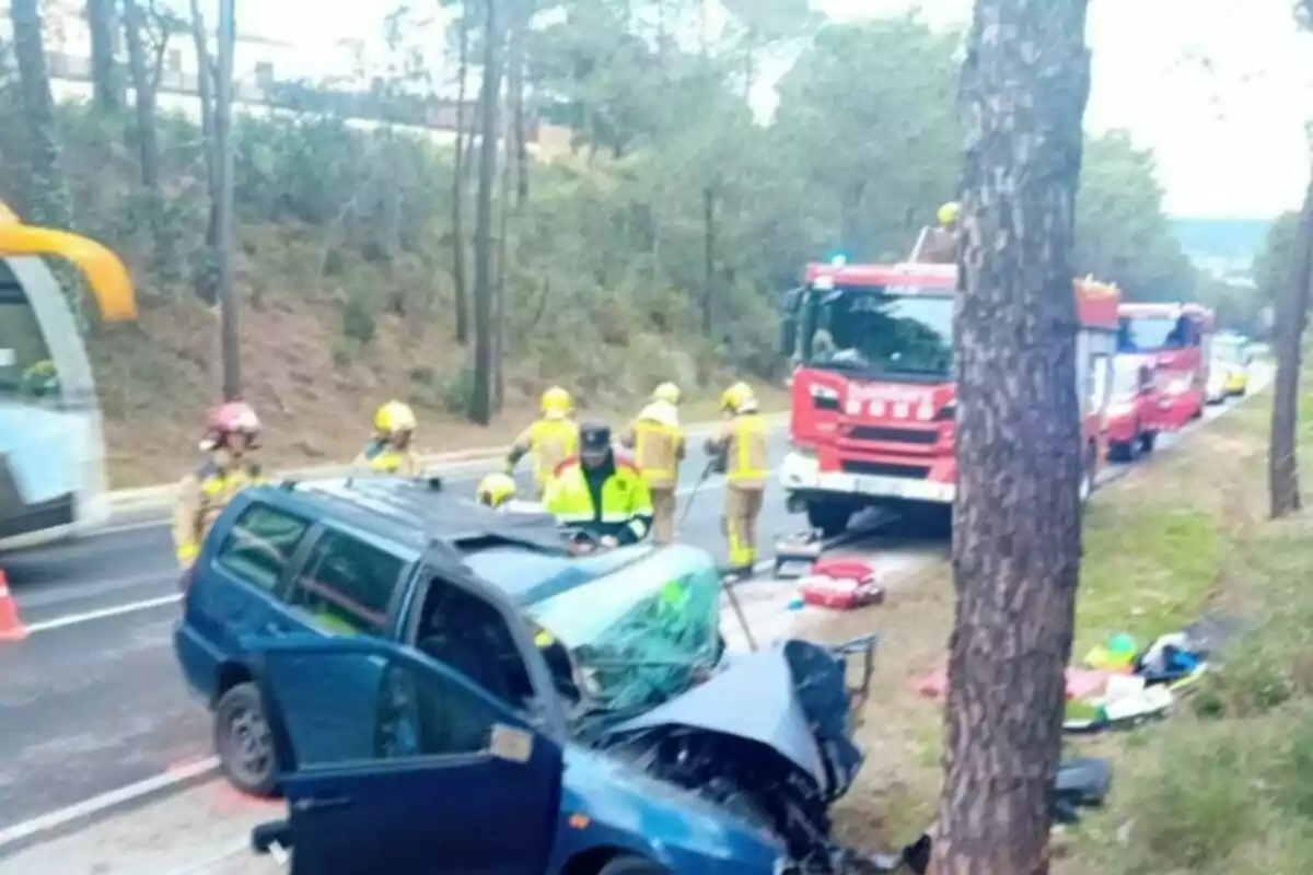 Un cotxe blau estavellat contra un arbre en una carretera, envoltat de bombers i vehicles d'emergència.