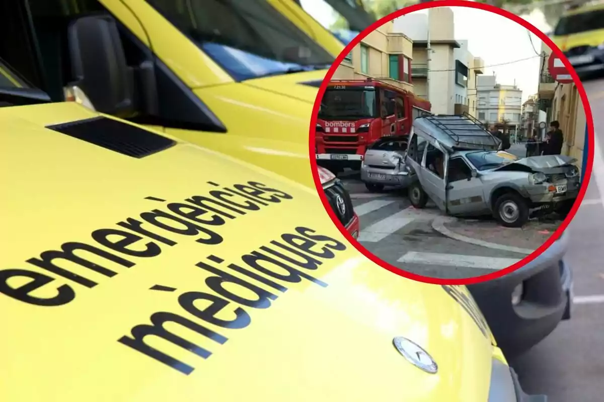 Vehículos de emergencias médicas y un accidente de tráfico con un coche dañado y un camión de bomberos en la escena.