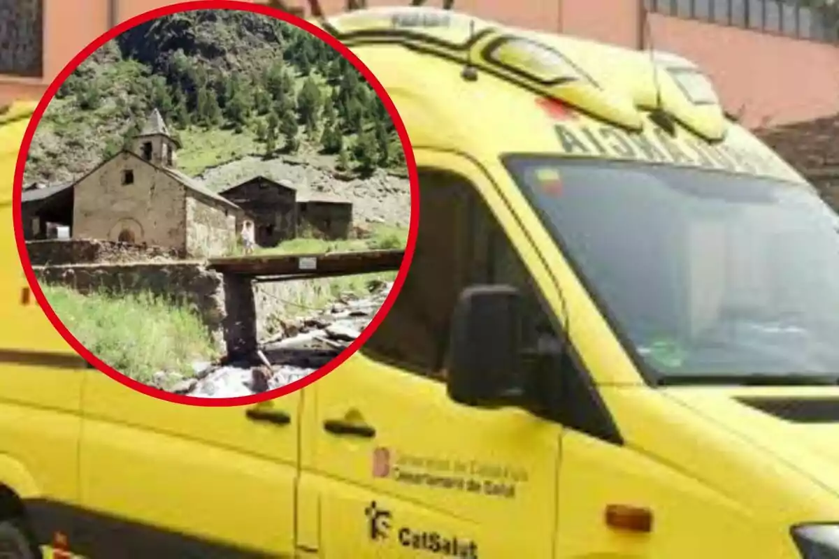 Ambulancia amarilla con un recuadro que muestra una iglesia en un entorno montañoso.