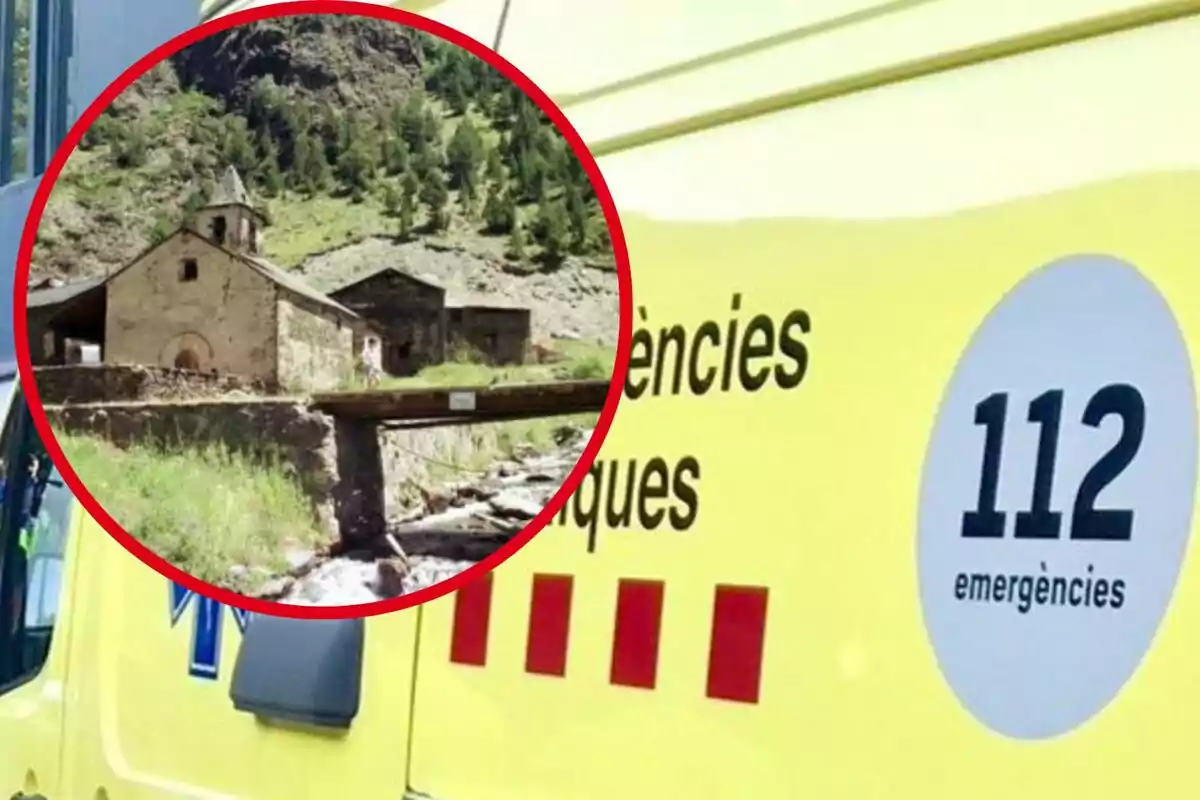 Una ambulància groga amb el número d'emergències 112 i un requadre que mostra una església en un entorn rural muntanyós.