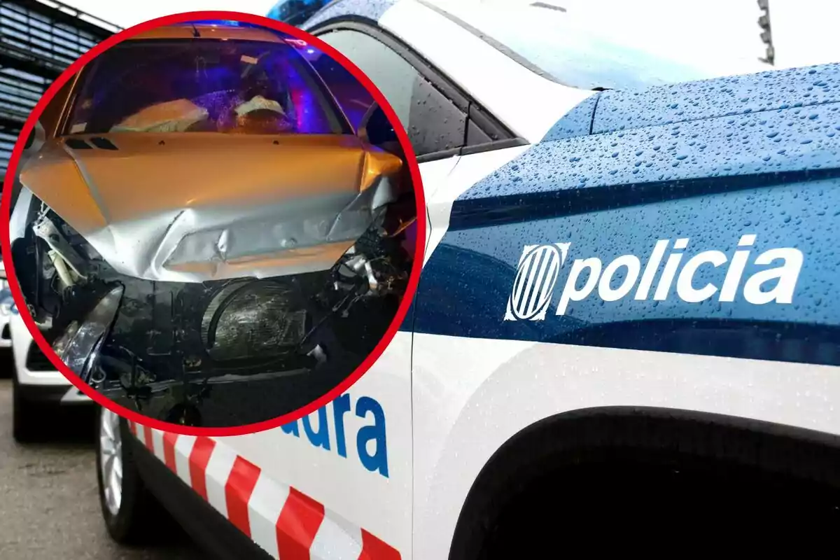 Un cotxe de policia amb la paraula "policia" al lateral i un cercle que mostra un vehicle amb la part davantera danyada.