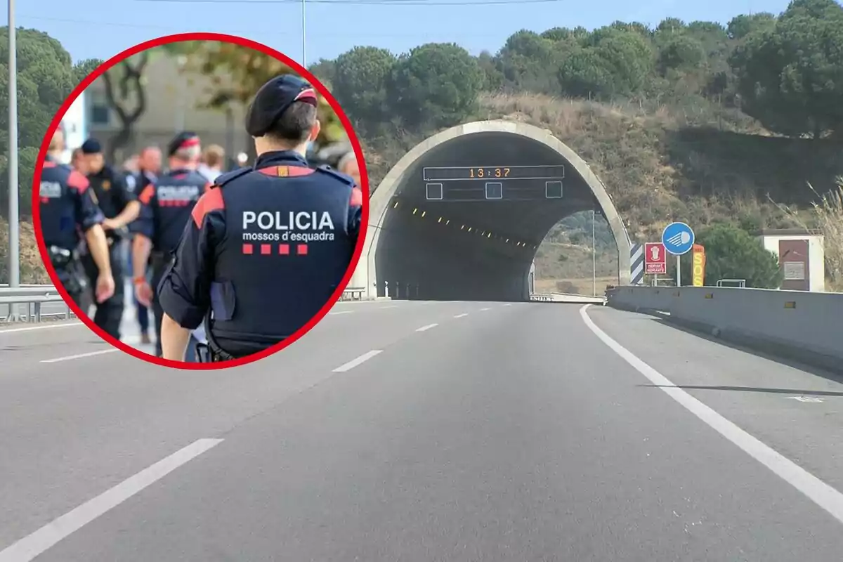 Una carretera que conduce a un túnel con una imagen insertada de policías de los Mossos d'Esquadra patrullando.