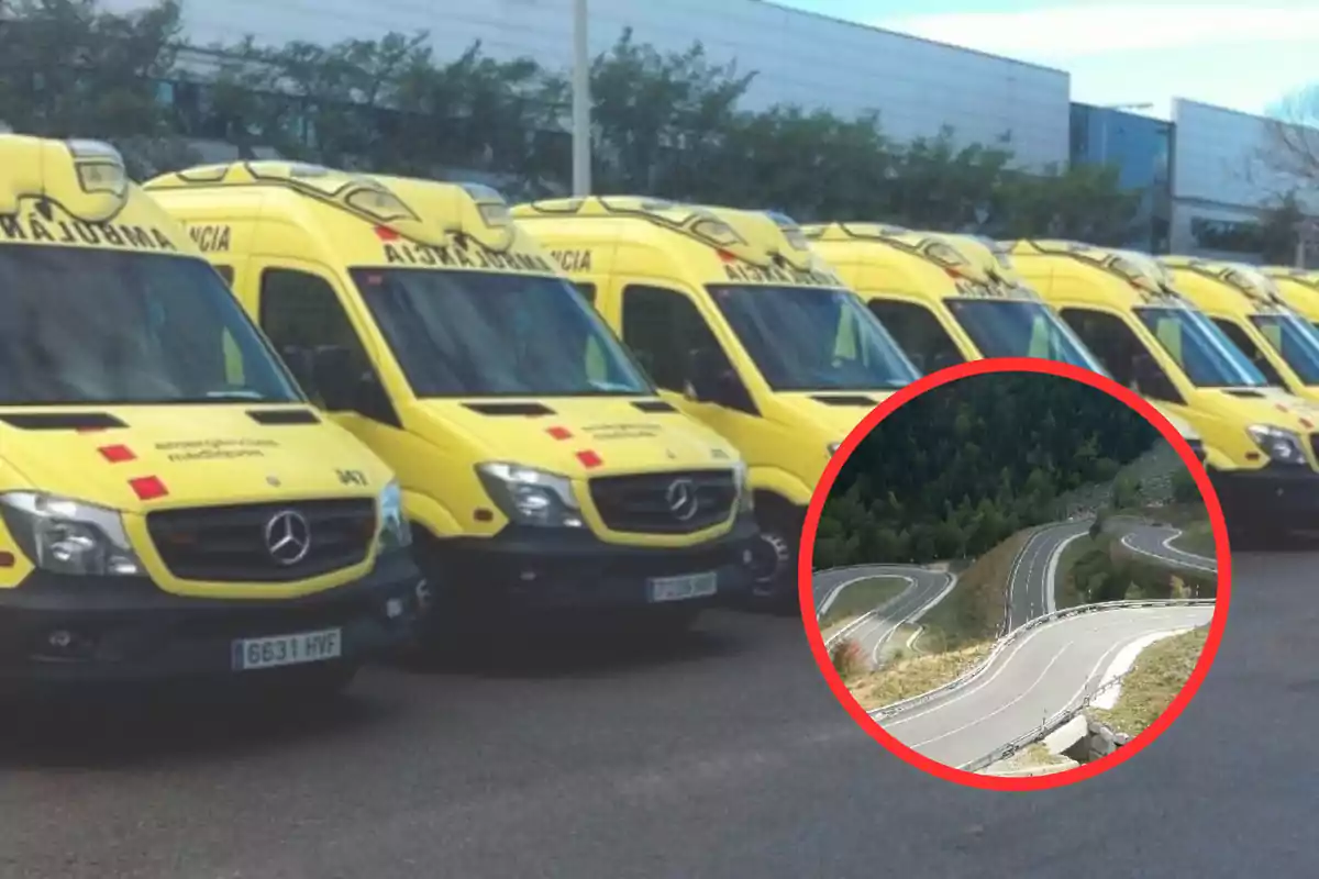 Una fila d'ambulàncies grogues estacionades al costat d'un edifici amb una imatge circular superposada de la N-260