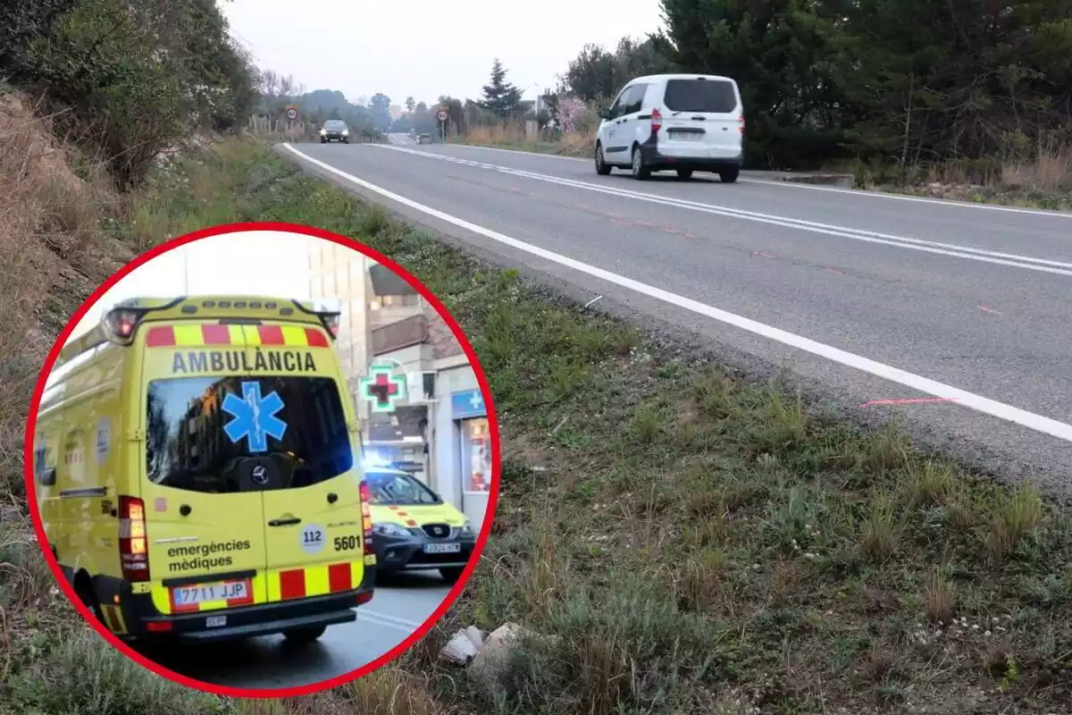 Muntatge amb una imatge del lloc de l'accident referenciat a la notícia ia l'esquerra, dins d'un cercle, una ambulància