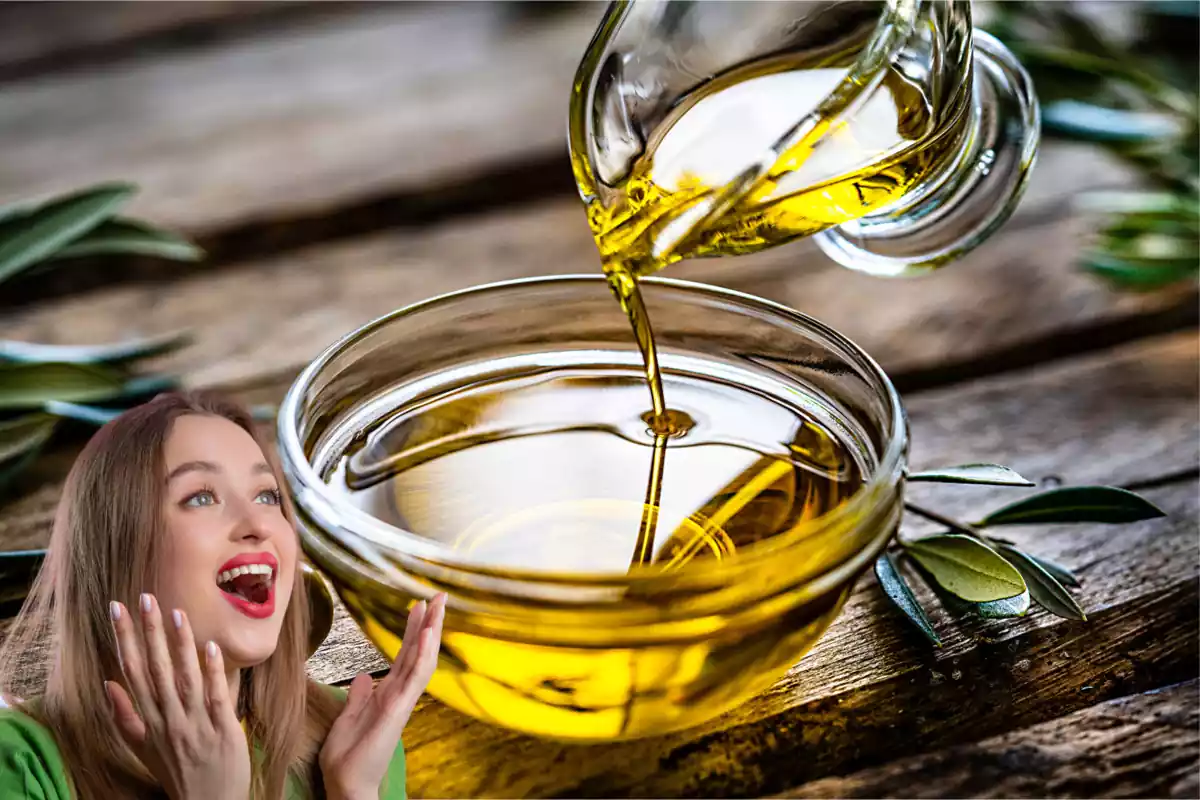 Muntatge amb imatge d'un recipient amb oli d'oliva. A l'esquerra, una imatge amb una dona contenta