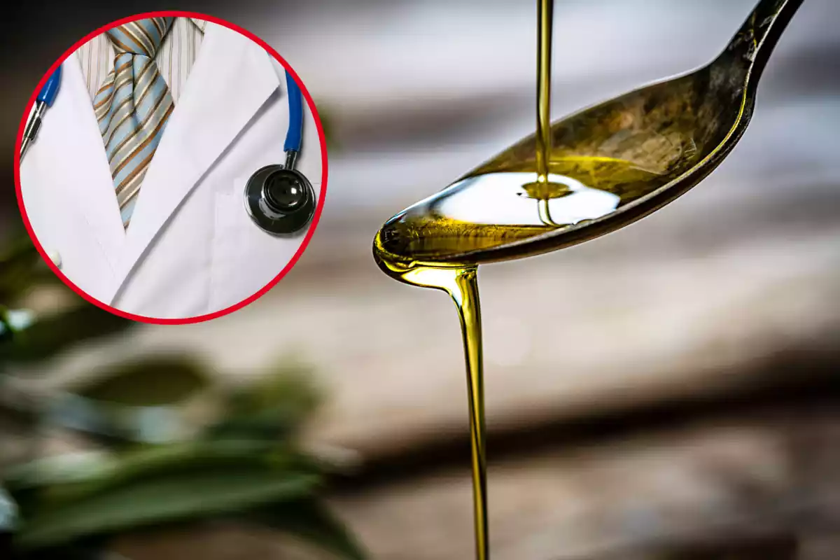 Muntatge amb imatge d'una cullera amb oli. A l'esquerra, una imatge amb un doctor