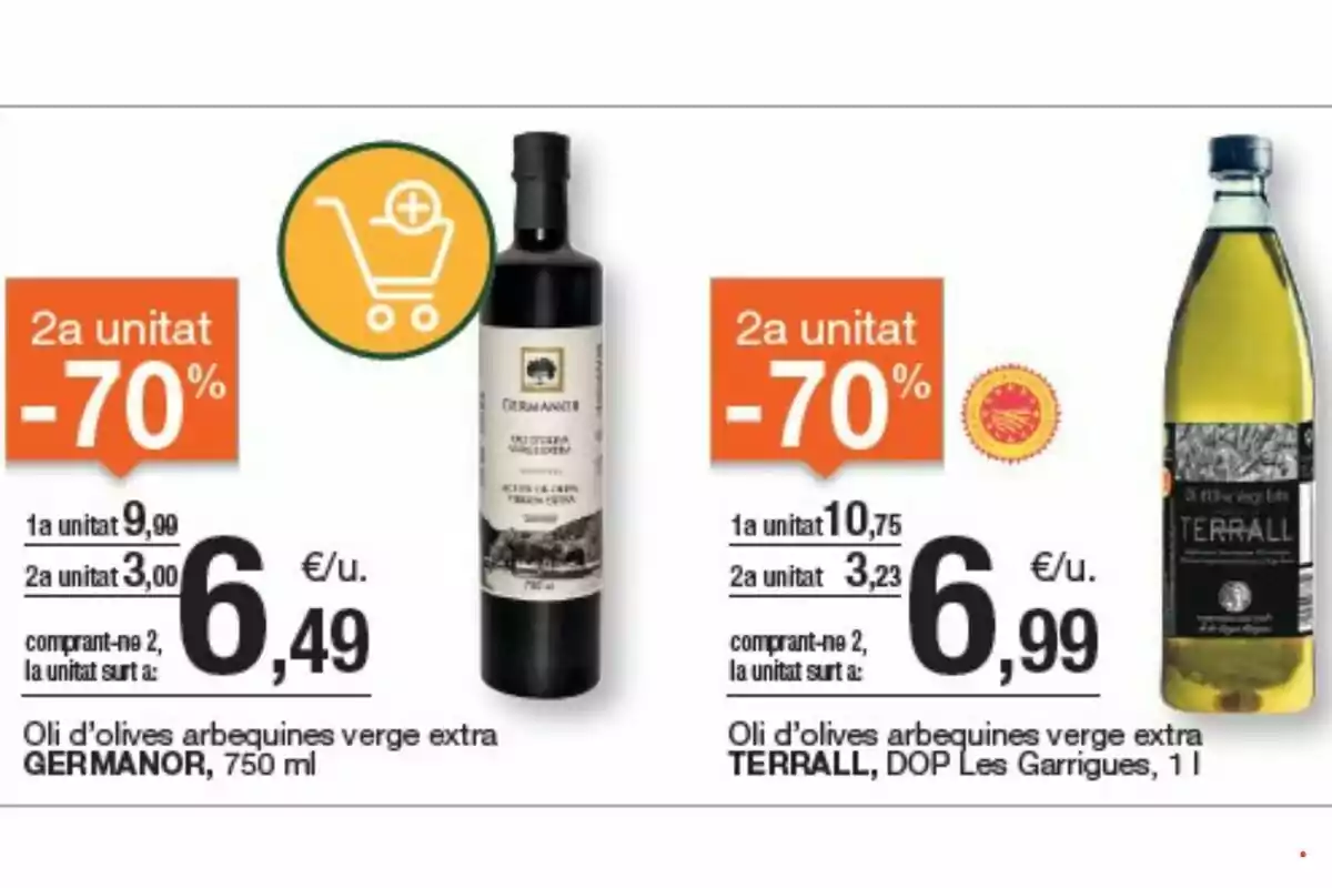 Oferta d’oli d’oliva verge extra de les marques Germanor i Terrall amb un descompte del 70% en la segona unitat i preus destacats en cada producte Oferta d’oli d’oliva verge extra de les marques Germanor i Terrall amb un descompte del 70% en la segona unitat i preus destacats en cada producte
