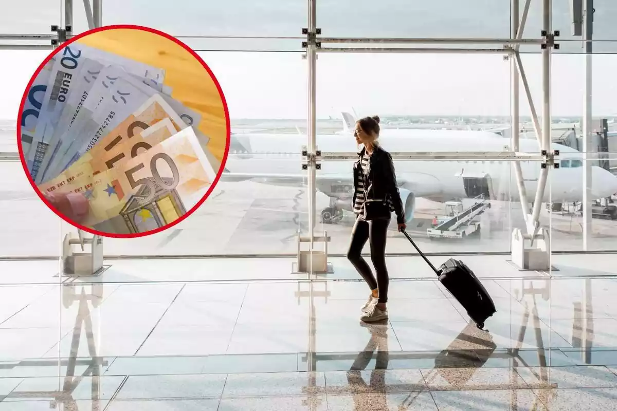 Una dona camina per l'aeroperto amb la maleta, i gen el cercle uns bitllets d'euro Una dona camina per l'aeroperto amb la maleta, i gen el cercle uns bitllets d'euro
