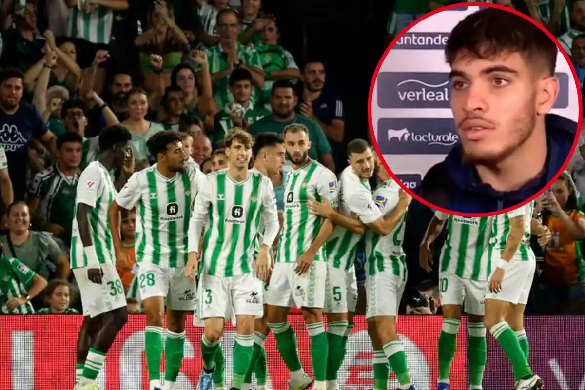 Muntatge amb el Real Betis celebrant un gol i un cercle a dalt a la dreta amb Ez Abde