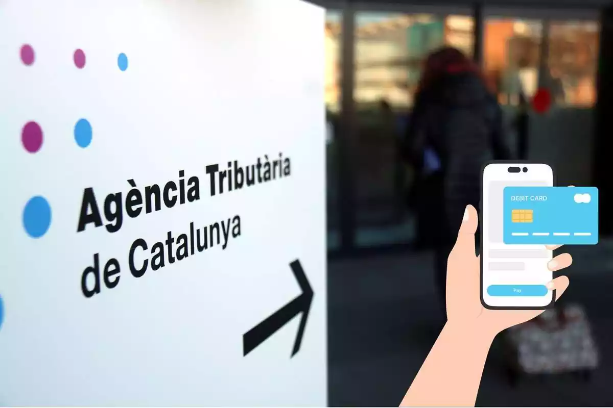 Muntatge amb una imatge de l‟Agència Tributària de Catalunya ia la dreta un dibuix amb una mà, un mòbil i una targeta de crèdit