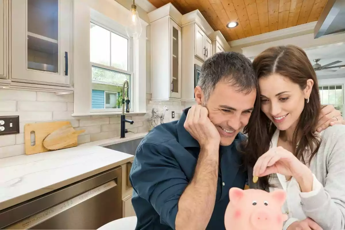 Una pareja sonriente coloca una moneda en una alcancía de cerdito en una cocina moderna y luminosa.