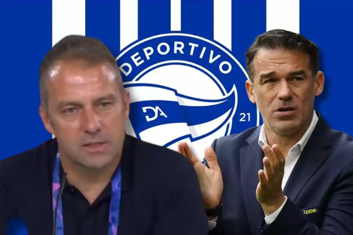 Dos hombres frente al logo del Deportivo Alavés.