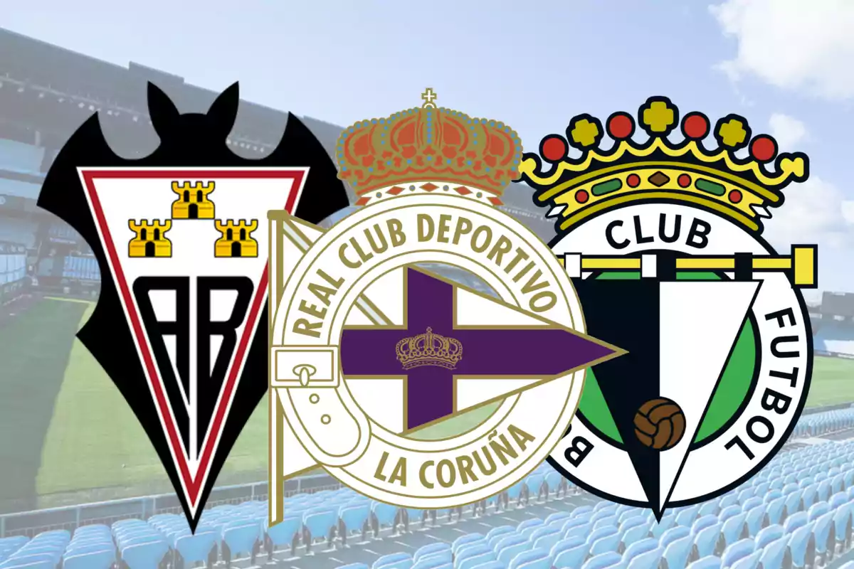 Escuts dels equips Albacete, Deportivo de la Corunya i Burgos i l’estadi Balaídos