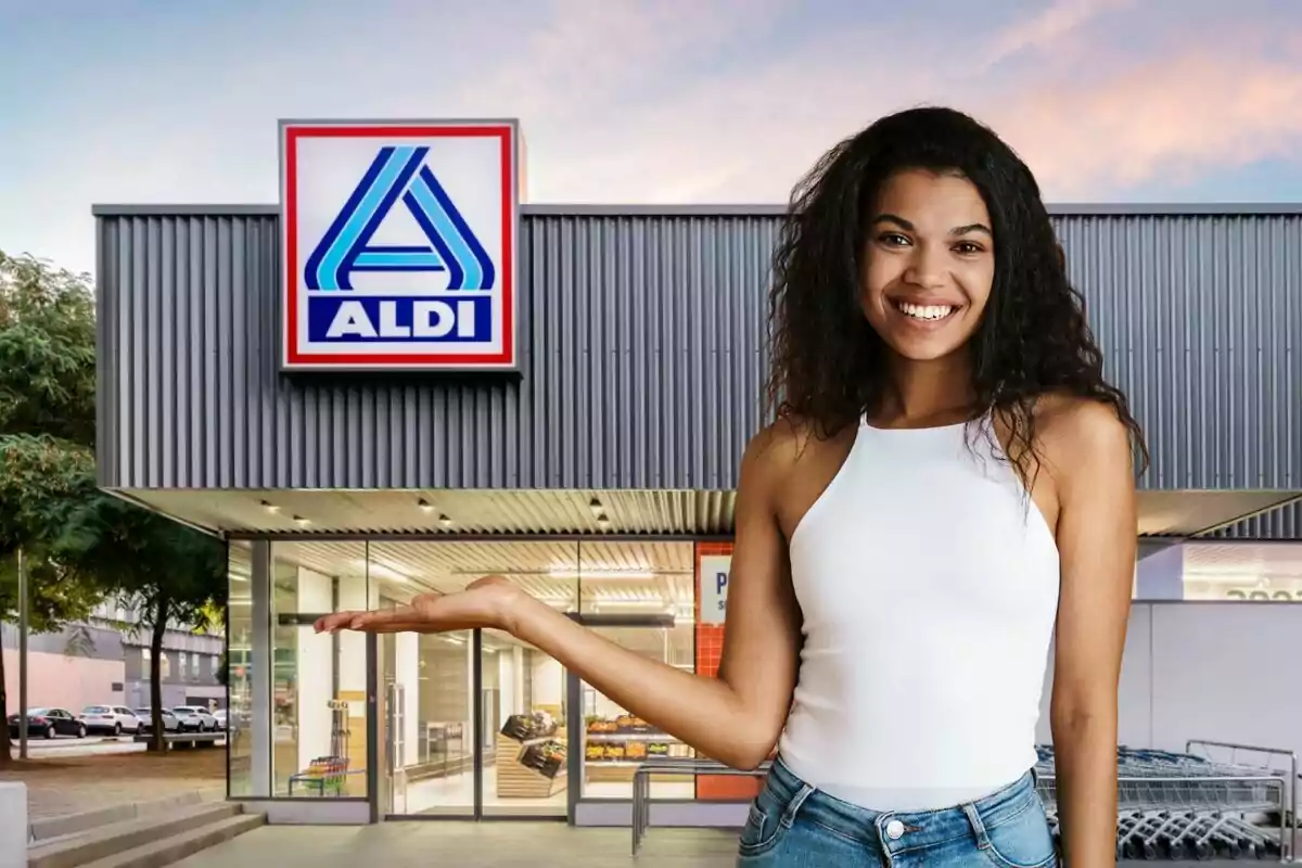 Una mujer sonriente con una camiseta blanca y jeans sostiene su mano extendida frente a una tienda de Aldi.