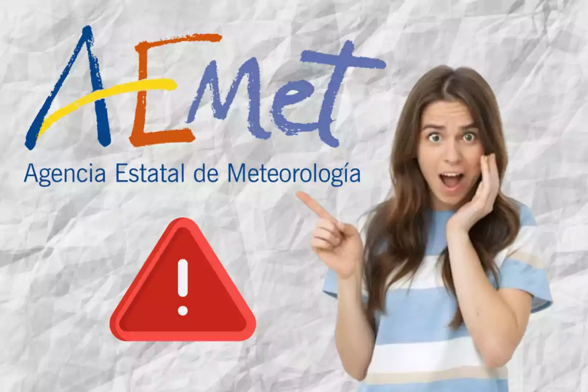 Dona sorpresa assenyalant un símbol d'advertiment al costat del logotip de l'Agència Estatal de Meteorologia.