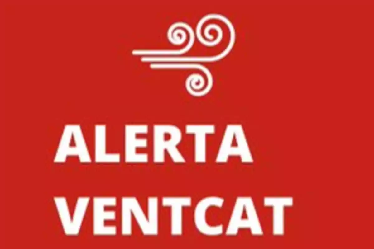 Imatge d´alerta de vent amb fons vermell i símbol de vent en blanc.