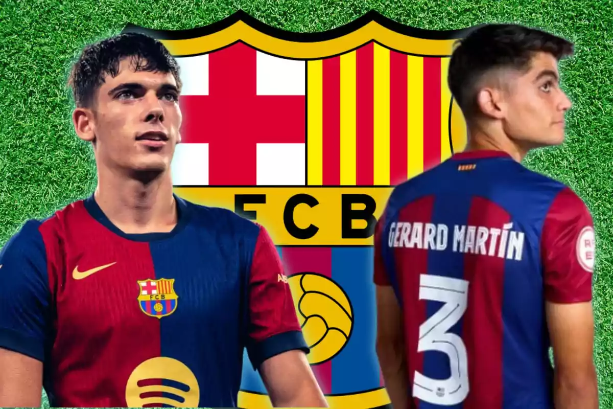 Dos jugadors del FC Barcelona amb l?escut del club de fons.