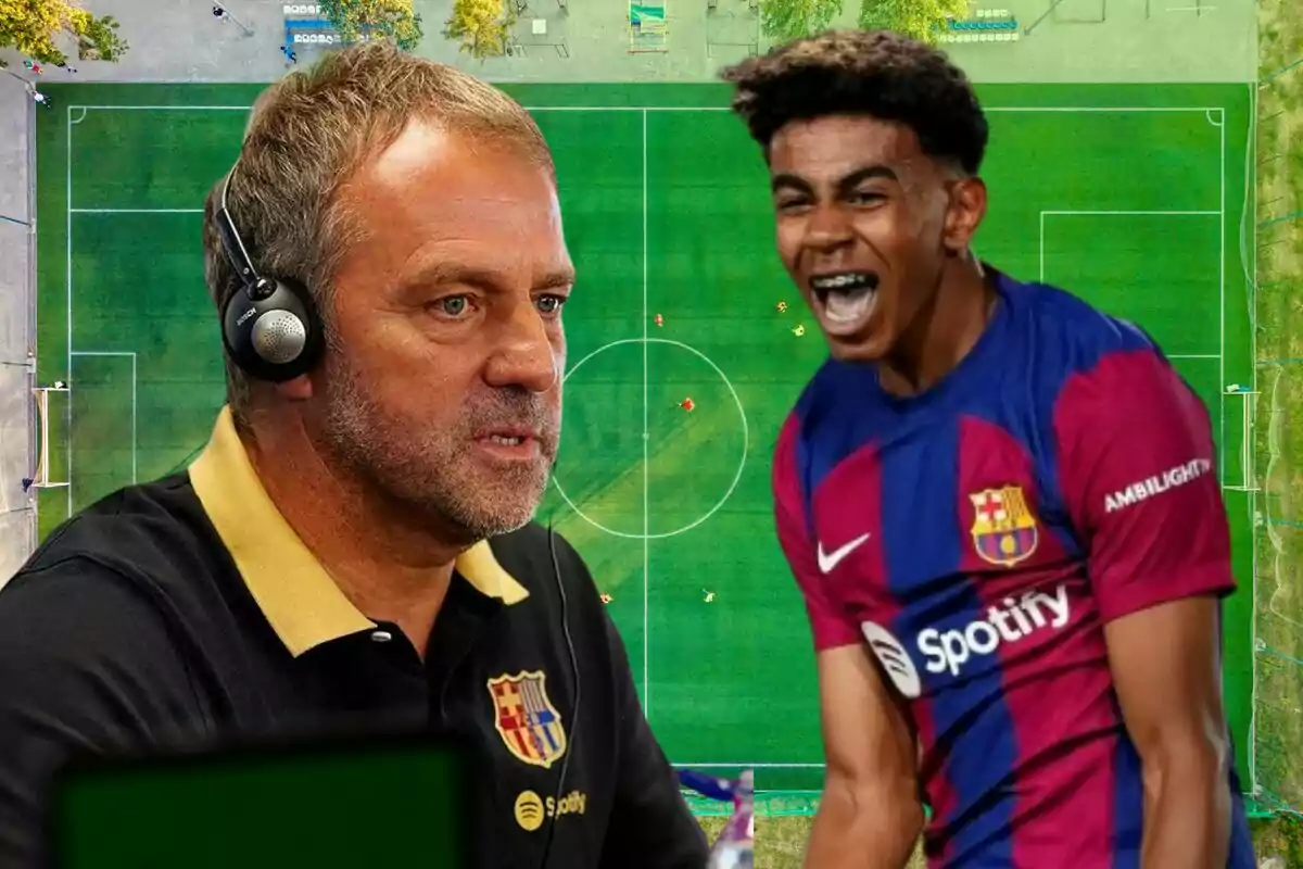 Un entrenador con auriculares y un jugador celebrando, ambos con uniformes del FC Barcelona, sobre un fondo de campo de fútbol visto desde arriba.