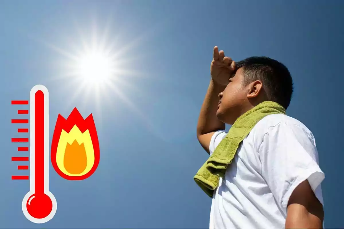 Persona protegiéndose del sol con una toalla en el cuello y un icono de termómetro y fuego indicando altas temperaturas.