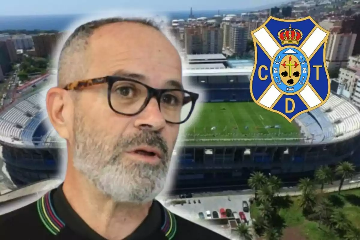 Un hombre con gafas frente a un estadio de fútbol y el escudo del Club Deportivo Tenerife.