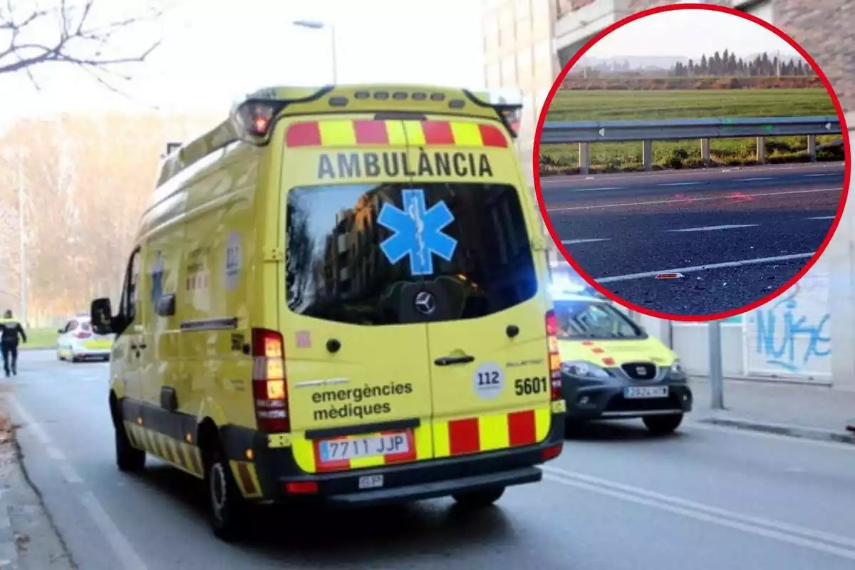 Muntatge amb la imatge d'una ambulància ia la cantonada superior dreta, imatge de lloc de l'accident referenciat a la notícia